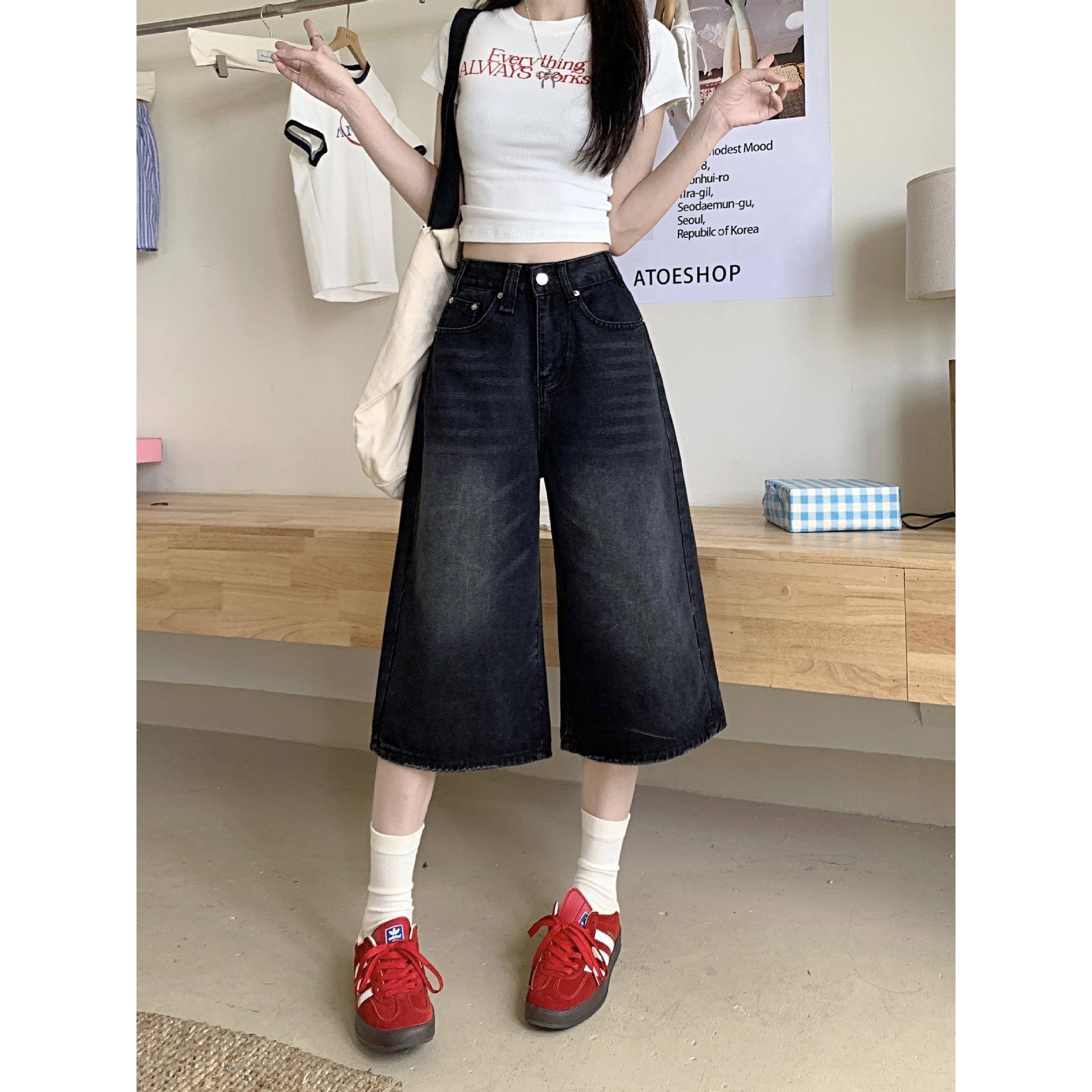 美式黑色七分牛仔短裤女夏季辣妹宽松大码胖mm五分直筒阔腿中裤子