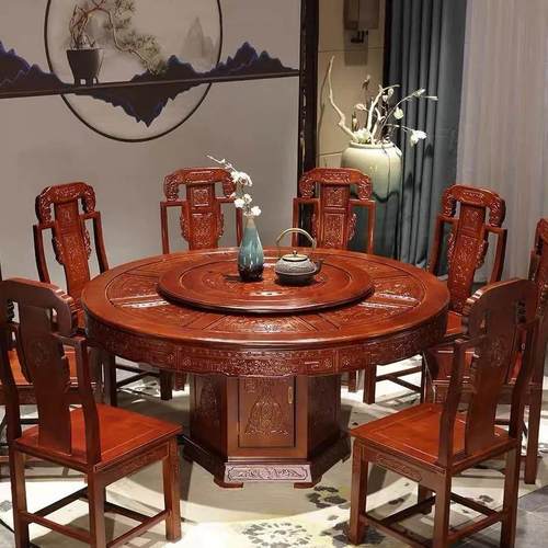 实木餐桌椅餐桌组合转盘橡木彷古雕花餐桌椅中式圆桌家用古典桌子