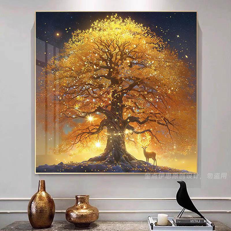 高级感麋鹿发财树风景钻石画2025新款手工贴钻十字绣客厅餐厅满钻,居家布艺,钻石绣,淘宝优惠券,粉丝福利购,淘宝优惠卷