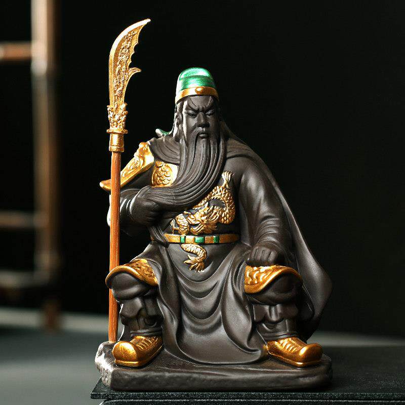 紫砂茶宠武财神关公招财茶盘摆件复古手工描金武圣关羽青龙偃月刀