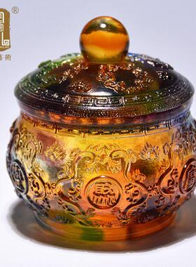 中式高级琉璃聚宝盆桌面摆件 可定制礼盒装招财聚财玻璃工艺品