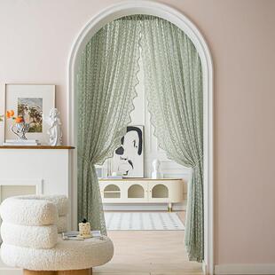 法式蕾丝绿色窗帘透光不透人纱帘少女心清新覆古魔术贴拱形门门帘