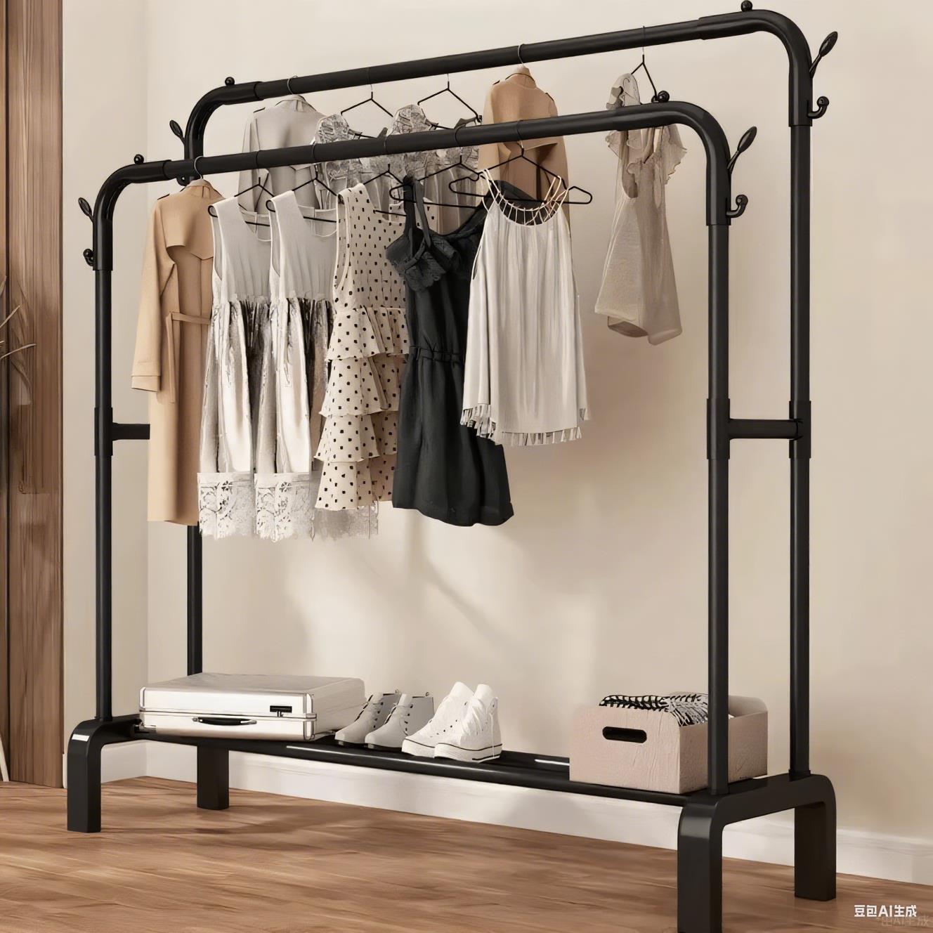 双杆落地衣架衣帽架简易晾晒架室内家用卧室宿舍挂衣架衣服收纳层