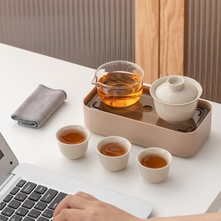 旅行茶具户外泡茶陶瓷盖碗茶台茶杯一壶3被快客杯 草木灰便携式