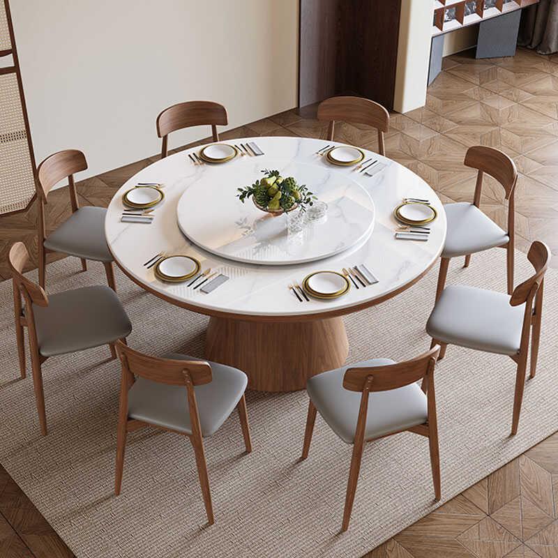 现代简约实木岩板圆桌餐桌椅组合家用饭厅大小户型圆形饭桌带转盘