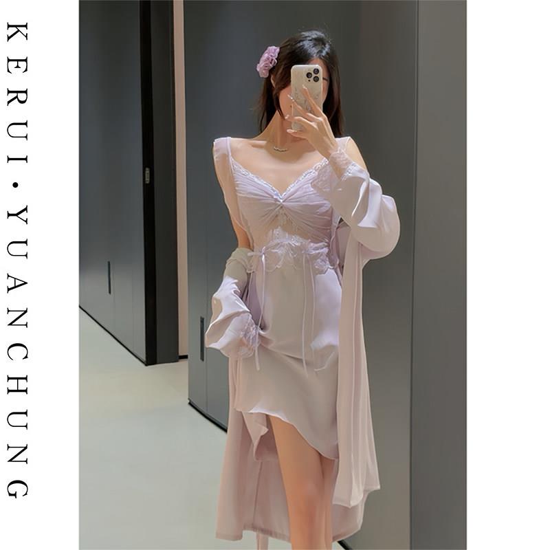 法式氛围睡衣女款夏蕾丝镂空约会睡裙仙女独特冰丝吊带睡袍带胸垫