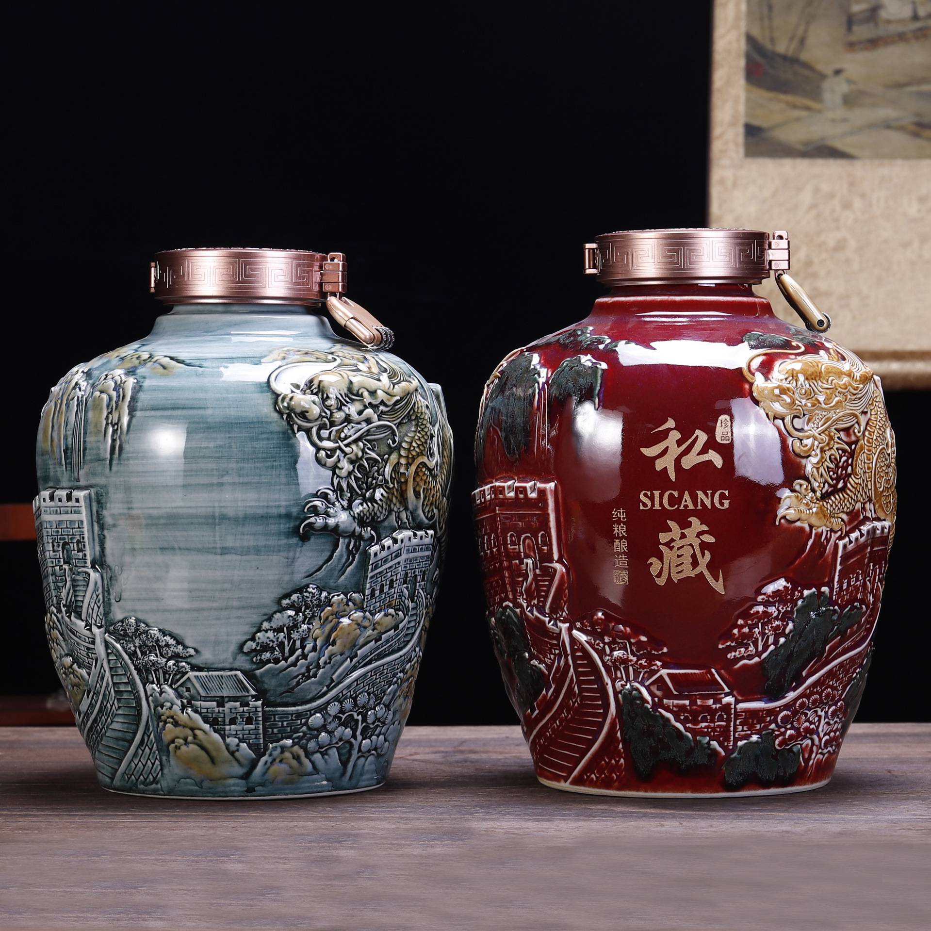 景德镇陶瓷酒瓶5/10斤装2.5L浮雕长城盘龙私藏雕刻创意空酒坛木盒