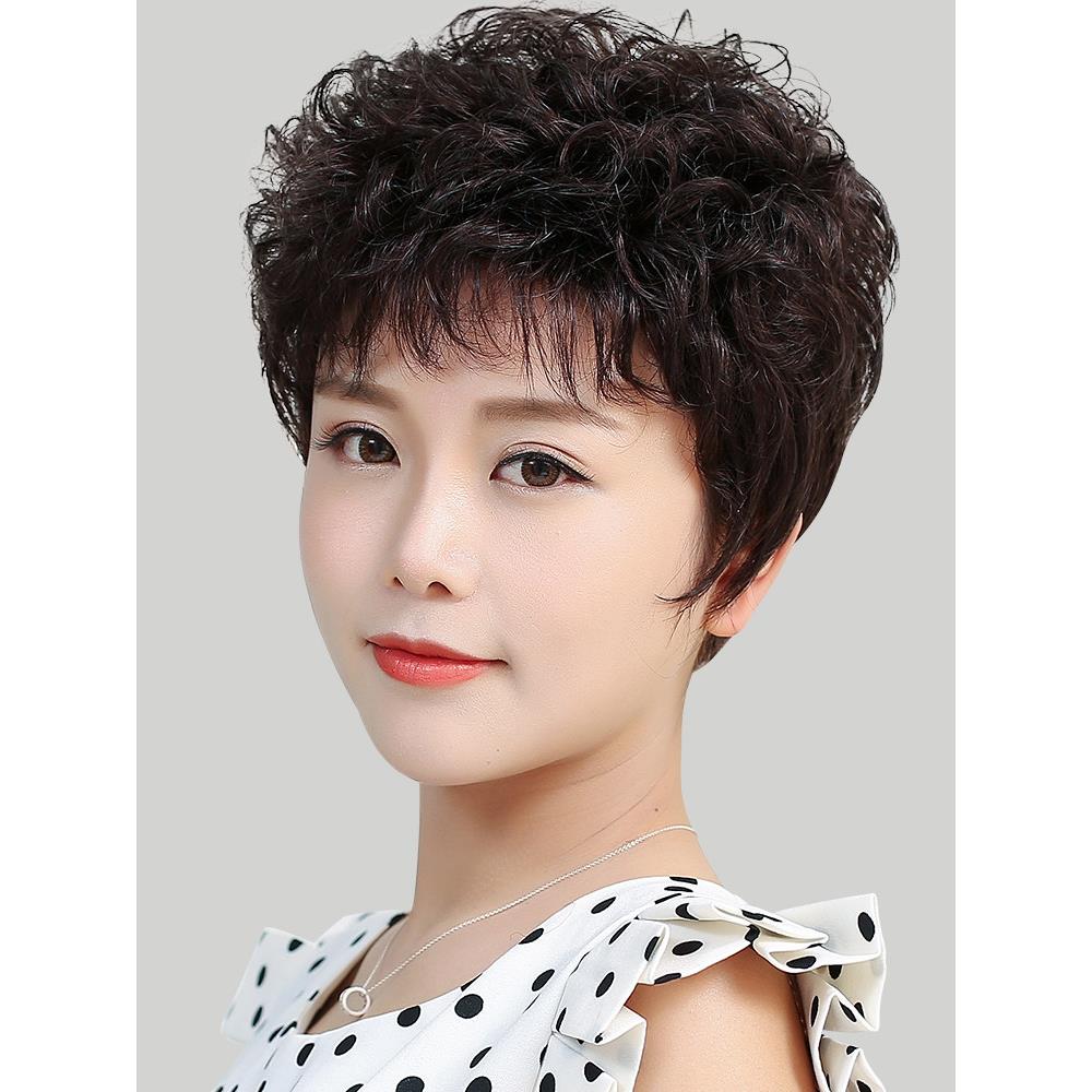 全假发的妇女与真正的头发,夏季薄假发套短头发,中老年母亲,稍