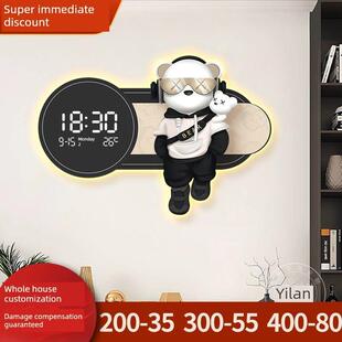 暴力熊餐厅装饰画钟表轻奢高级感客厅挂钟卡通儿童房电子数显时钟