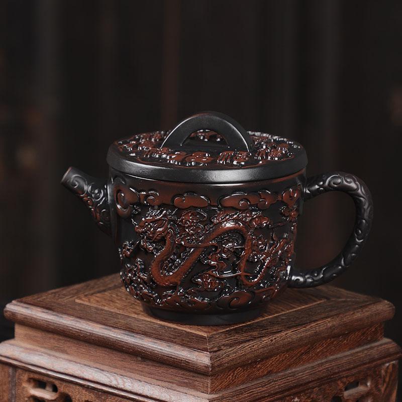 水紫陶茶壶茶具纯手茶工1雕建凤刻龙呈祥壶泡茶专用高端紫陶壶家