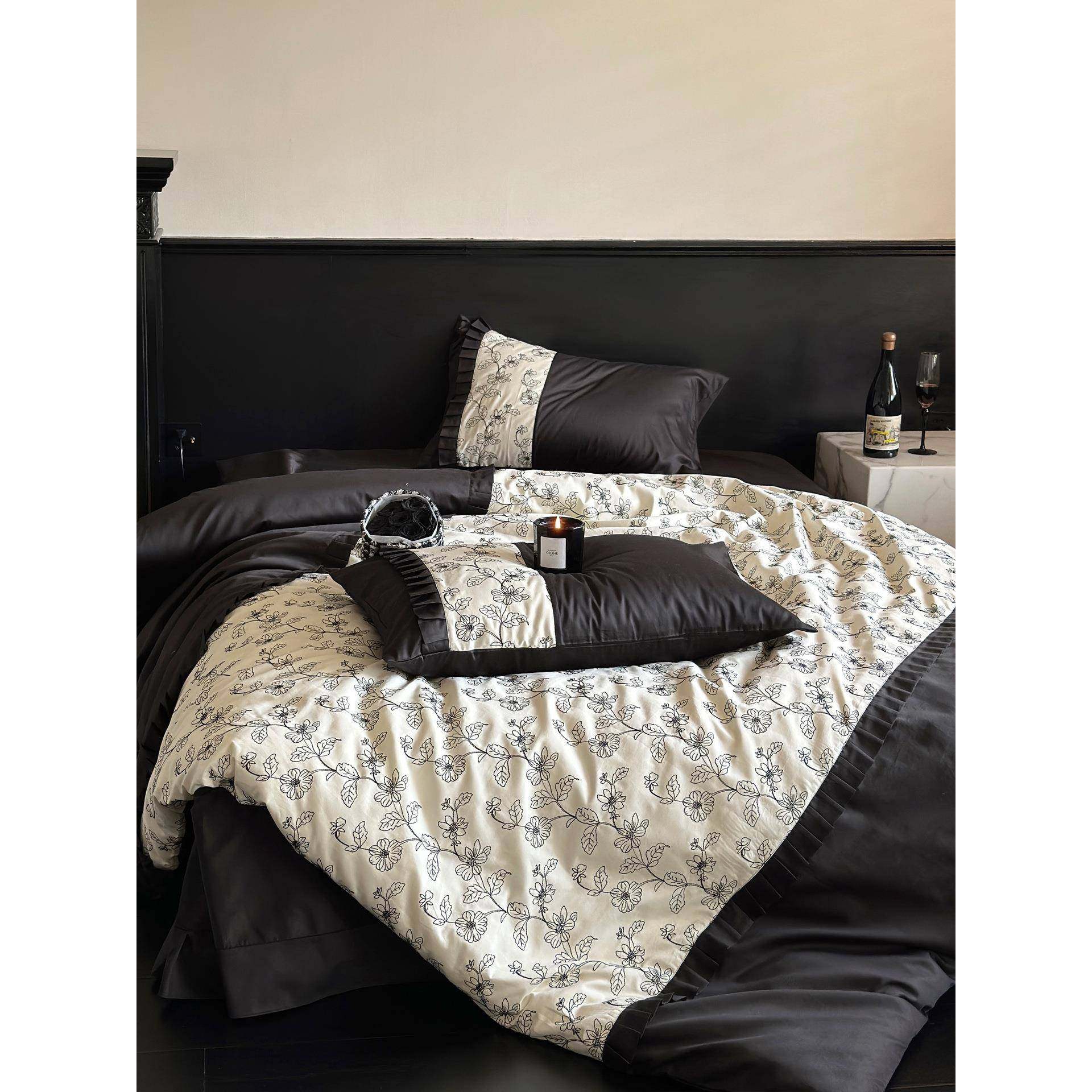 奥菲玛丽︱棉法式工艺件满刺绣全长绒版棉四套纯棉复古黑SYS贡缎