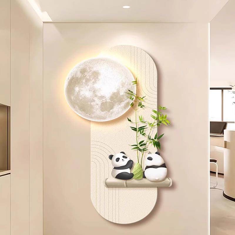 可爱熊猫玄关装壁饰灯画客厅奶油风入正对门画IDM走过道户竖版廊