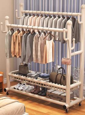 挂衣架落式地卧室家用房间室双杆晾衣服架子可移动阳台QFG衣内帽