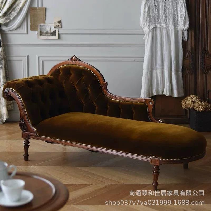 美式复发古风丝绒贵妃沙小户实木奢轻型客厅布艺无品牌/靠背拉扣