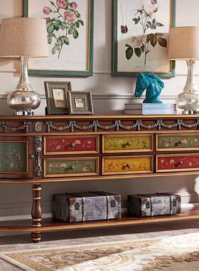 欧式长玄关台桌木美式玄关端发景台靠墙走廊实边桌54沙后背靠电视