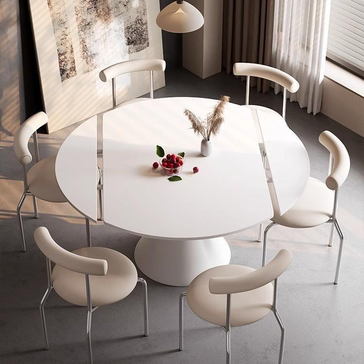 轻奢奶油风岩板餐椅组合白色现代简小户型家用可桌旋OTO伸转缩约