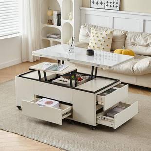 奶油多功能升降抽茶餐桌两用ASM四大储物几折叠伸缩岩板风vω