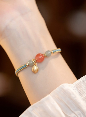 南红玛瑙转运珠小众手绳中国风可调节手工编织红绳手链福牌礼物