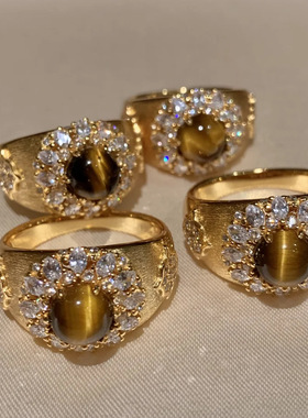 美拉德风中古拉丝天然虎眼石戒指女小众高级感复古微镶锆石食指