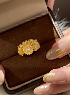 新中式拉丝繁花戒指女轻奢小众高级感婚嫁风宫廷风复古气质指环