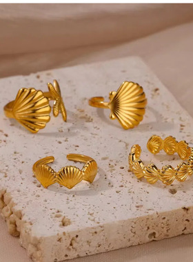 欧美热销沙滩配饰不锈钢镀18K金轻奢海星戒指沙滩度假戒指饰品