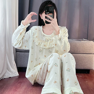 100%棉 全棉睡衣娃娃领荷叶边减龄可爱家居服双层纱女卡通印花