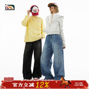 lemanism美式潮流闪电刺绣拼接牛仔裤男2025新款设计感休闲裤子女
