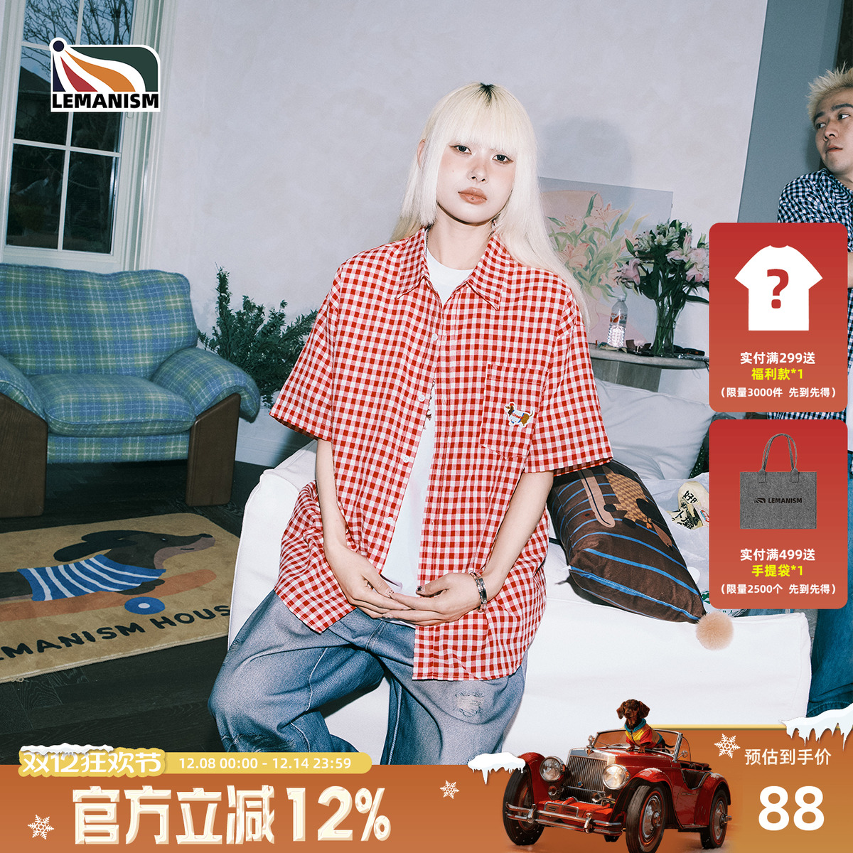 lemanism潮牌腊肠狗格子短袖衬衫男长袖2025夏季情侣款寸衣衬衣女