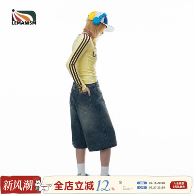 lemanism美式水洗牛仔短裤夏季宽松休闲中裤七分裤潮牌情侣直筒裤