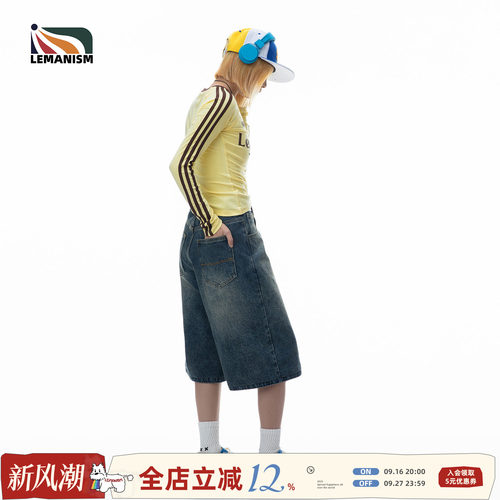 lemanism美式水洗牛仔短裤夏季宽松休闲中裤七分裤潮牌情侣直筒裤