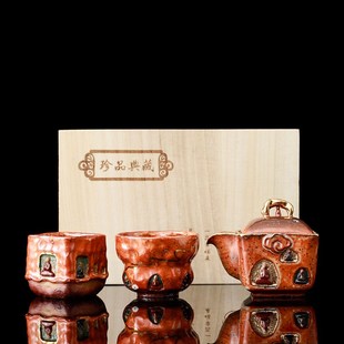敦煌文创壁画手工柴烧茶杯复古粗陶主人杯单杯茶具品茗杯志野茶盏