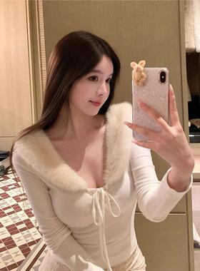 PPHOME自制~粉调柔柔 纯欲绑带毛领长袖打底T恤秋冬修身辣妹上衣