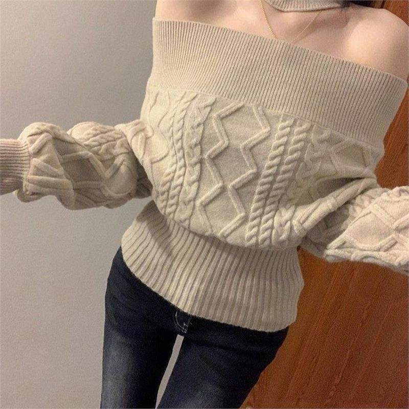 甜辣妹浅杏色修身一字肩长袖毛衣女冬季气质显瘦休闲露肩针织上衣