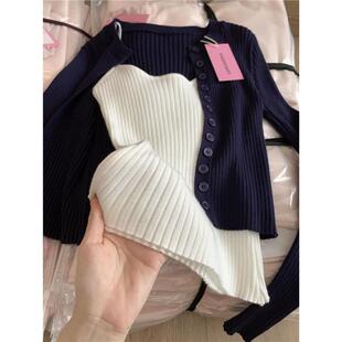 AWMUMU纯欲风性感辣妹针织开衫吊带套装女修身显瘦背心上衣两件套