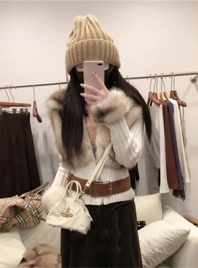 Barb Chill圣诞毛衣皮草外套女冬季毛茸茸假两件开衫短款毛毛外套