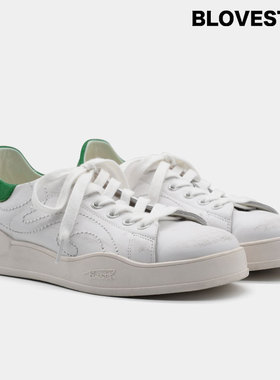 BLOVESTAR绿尾小白鞋 夏透气真皮做旧划痕经典时尚休闲运动鞋板鞋