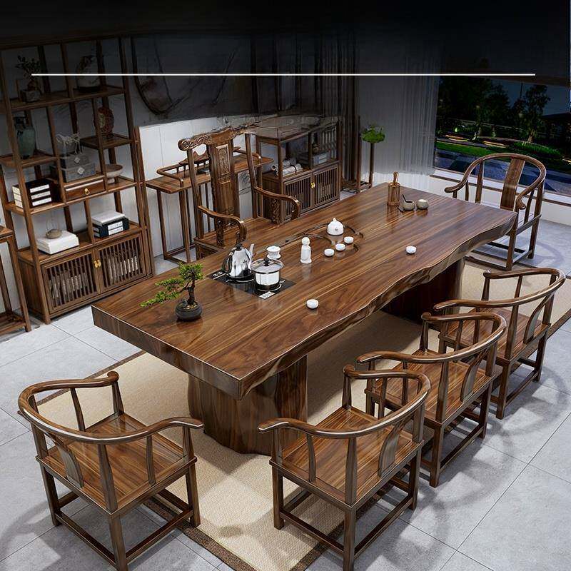 实心实木整板大板茶桌椅组合原木花旗松整板茶几办公室一体茶台桌