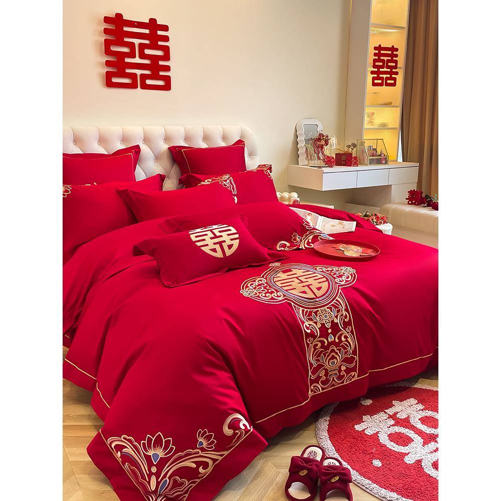 中式龙凤刺绣大红色婚庆四件套新婚陪嫁纯棉六件床单被套床上用品