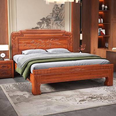 中式古典雕花1米5全榫卯结构实木床1米8主卧家用老虎脚加厚双人床