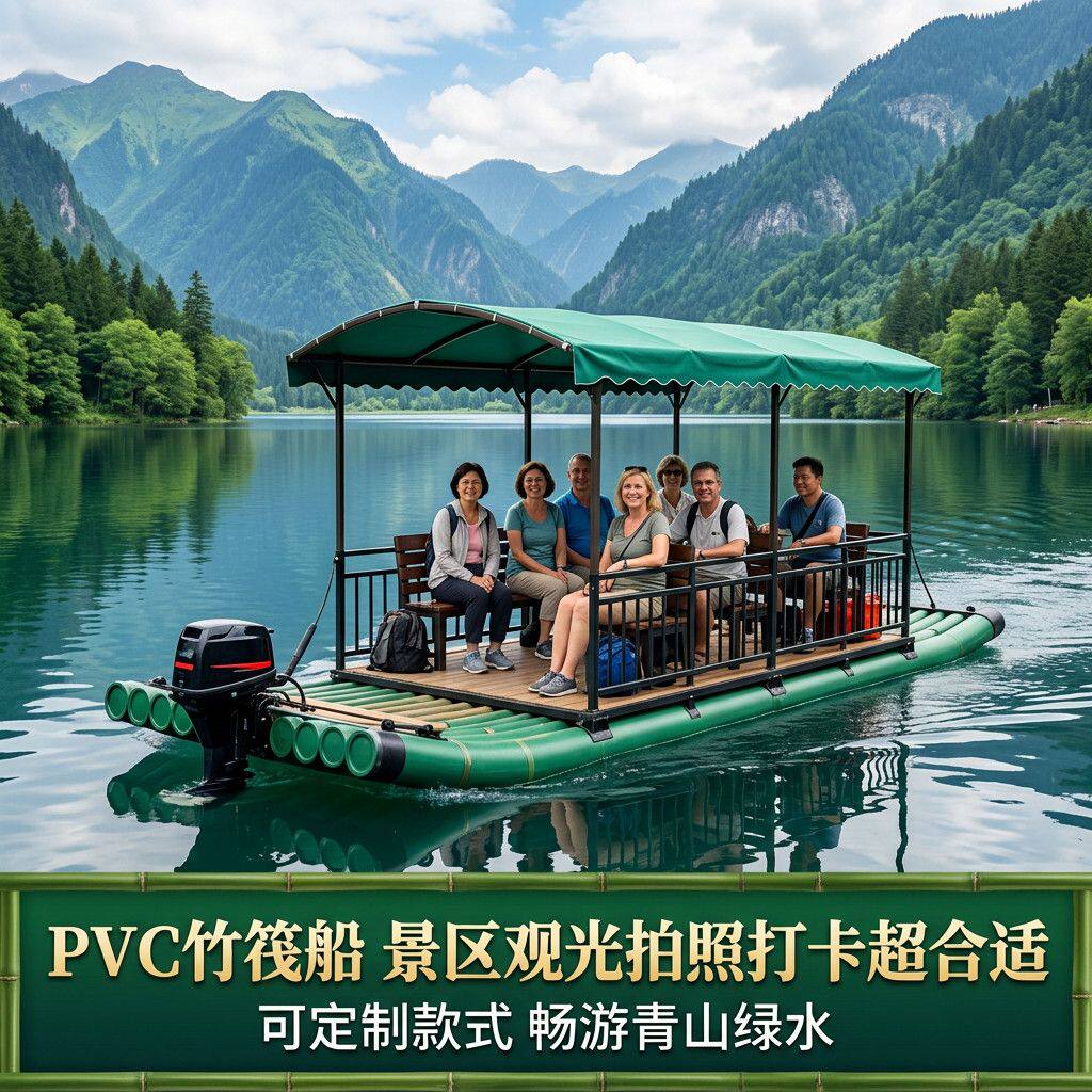 电动竹筏船景区观光漂流船PVC塑料竹排带顶棚安全浮力强可定制