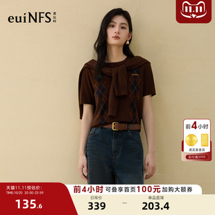 恩比时复古菱格针织短袖女2026秋季新款圆领收身休闲百搭羊毛上衣