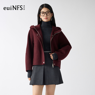 恩比时设计感短外套2025冬季 绵羊毛混纺连帽宽松休闲百搭上衣 新款