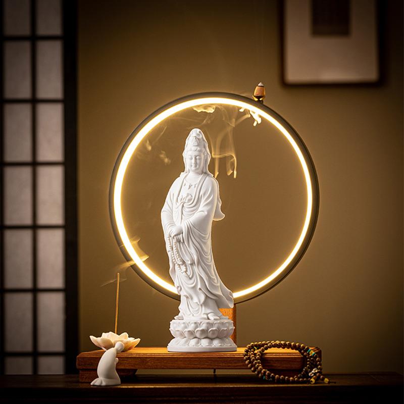陶瓷立莲南海观音菩萨佛像摆件灯圈白瓷观世音菩萨站立像家用供奉