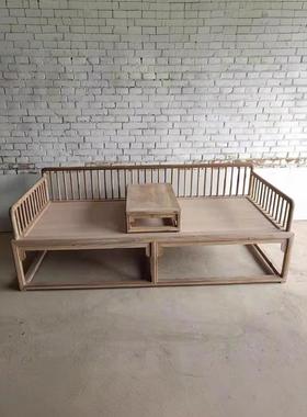 新中式罗汉床组合北方老榆木榫卯禅意客厅茶室小户型实木沙发白茬