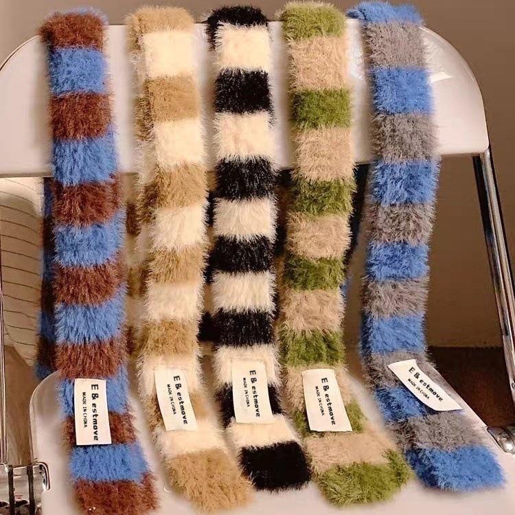 韩版细窄条纹毛绒围巾女秋冬