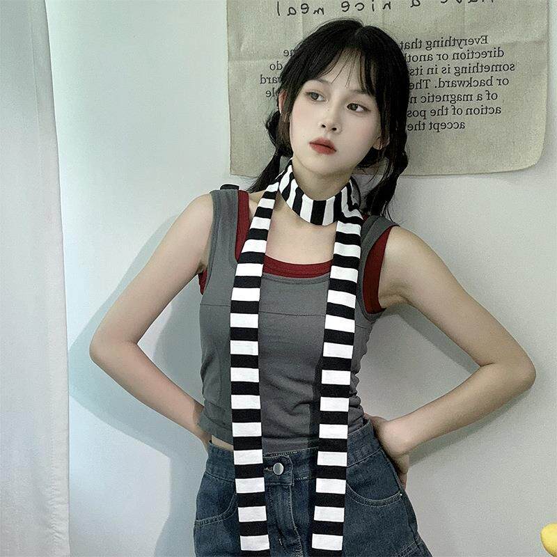 y2k围巾日系原宿黑白条纹朋克原宿风搭配围巾凹造型辣妹潮女拍照