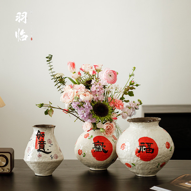 景德镇手绘陶瓷花瓶新年装饰瓶福子中国风盆栽水培养鲜花桌面陶罐
