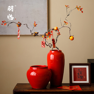 景德镇中国红陶瓷花瓶装饰摆件客厅干支插花结婚过年喜庆陶罐石榴