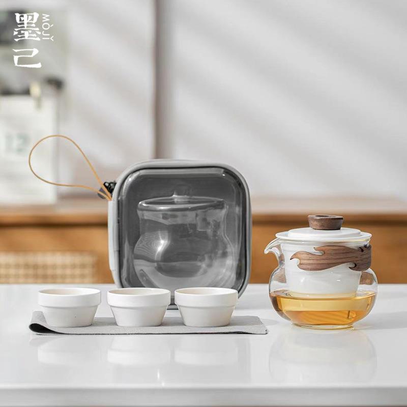 墨己 粗陶家用旅行茶具 一壶三杯快客杯 日式玻璃便携式户外套装