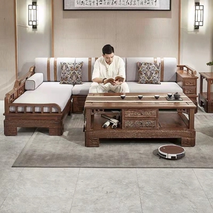 鸡翅木沙发贵妃转角软体多功能红木中式仿古实木榫卯结构客厅组合